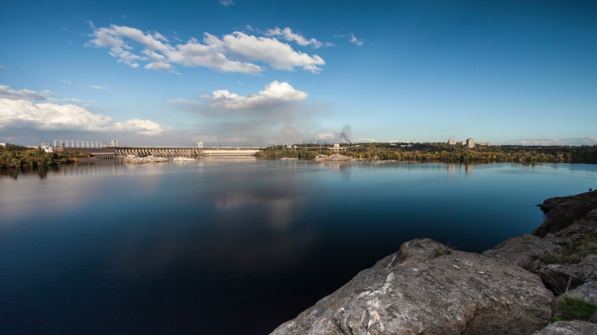 Time lapse view of the river Dnepr and hydro electric station