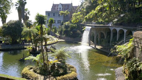 Funchal, Madeira island, Portugal – FEBRUARY 27, 2020: Monte Palace Tropical Garden main fountain and pond in Funchal, Portugal.