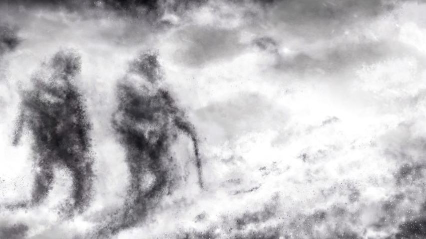 Two people go in a snowstorm along the mountainside. Animation in the fiction fantasy genre with grainy appearance effect. Travel to the nature. Black and white video. 