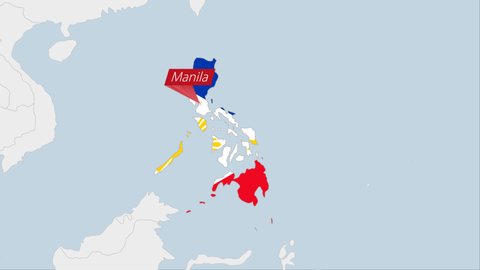 Philippines map highlighted in Philippines flag colors and pin of country capital Manila, map with neighboring Asian countries.