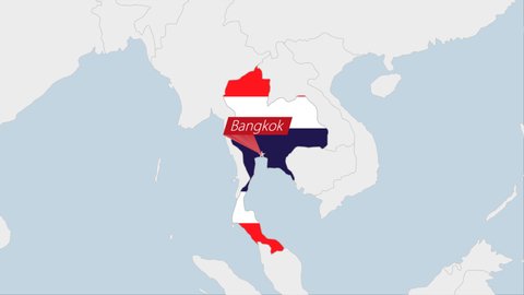 Thailand map highlighted in Thailand flag colors and pin of country capital Bangkok, map with neighboring Asian countries.