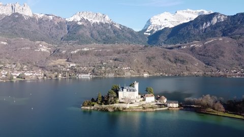 Panoramic aerial view of Chateau de Duingt on Annecy lake, France