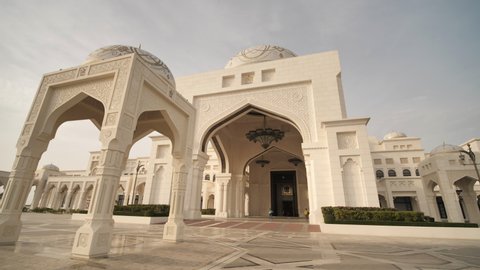 Abu Dhabi, UAE - December 15, 2019: A view of the exterior facade of Qasr Al Watan Palace of the Nation which is made of white granite and limestone