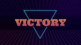 VHS retro animation with the appearing neon triangle and the text victory. The grid moves forward. Retro style. Video games from the 80s. Motion graphics. - Powered by Shutterstock - Get 15% off with code: PIKWIZARD15