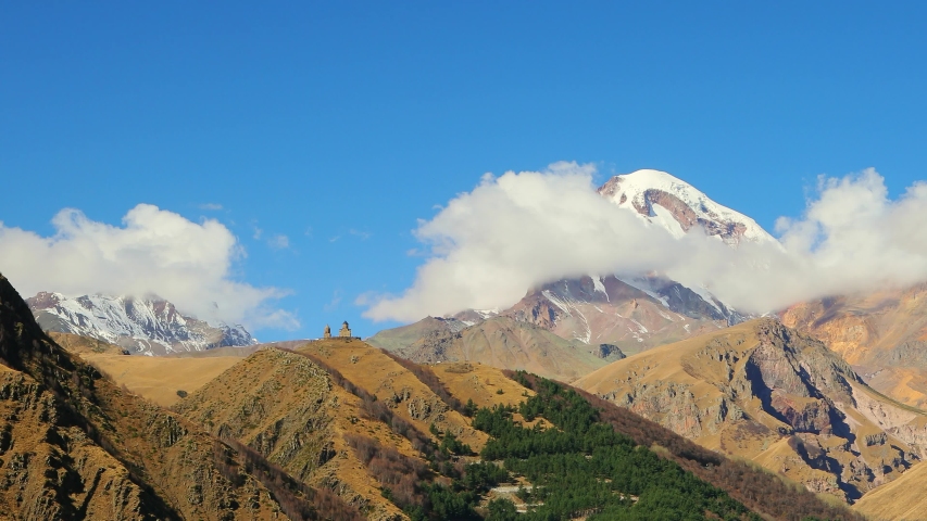 panorama Tsminda Sameba Church and cloud