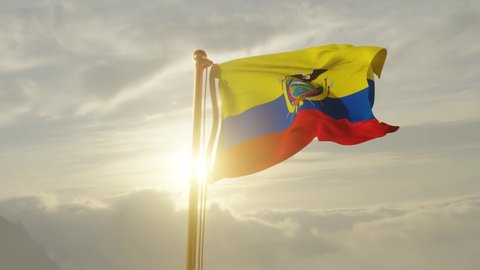Flag of Ecuador Waving in the wind, Sky and Sun Background, Slow Motion, Realistic Animation, 4K UHD 60 FPS Slow-Motion