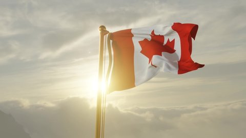 Flag of Canada Waving in the wind, Sky and Sun Background, Slow Motion, Realistic Animation, 4K UHD 60 FPS Slow-Motion
