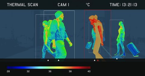 View of a screen showing video from thermal imaging camera, detecting elevated body temperature of people walking in the airport or train station. Custom designed interface