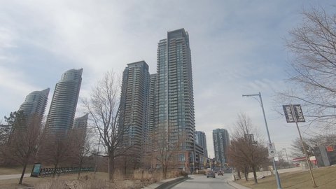 Toronto, Ontario, Canada March 2020 Toronto city downtown skyline driving POV