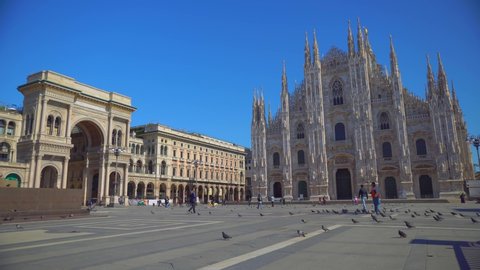 Milan, Italy - March 11, 2020: Empty square in front of the Duomo Cathedral. Panic from the Chinese viral corona Covid 19 in Italy. Empty streets. Quarantine in Milan. Pandemic. Red zone. Medecine