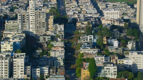 Aerial view of Lombard Street. Famous steep street with eight hairpin turns. San Francisco, California. USA. Shot on Red weapon 8K.