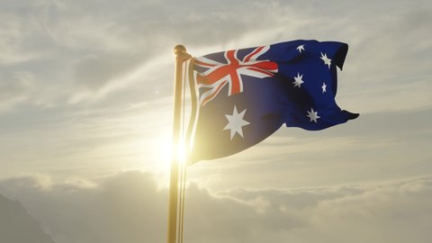 Flag of Australia Waving in the wind, Sky and Sun Background, Slow Motion, Realistic Animation, 4K UHD 60 FPS Slow-Motion