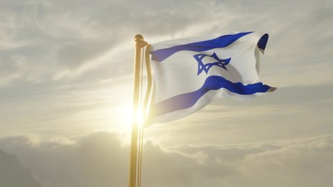 Flag of Israel Waving in the wind, Sky and Sun Background, Slow Motion, Realistic Animation, 4K UHD 60 FPS Slow-Motion
