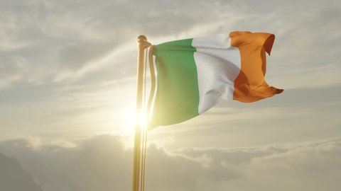 Flag of Ireland Waving in the wind, Sky and Sun Background, Slow Motion, Realistic Animation, 4K UHD 60 FPS Slow-Motion