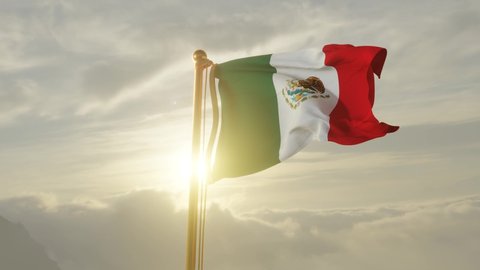 Flag of Mexico Waving in the wind, Sky and Sun Background, Slow Motion, Realistic Animation, 4K UHD 60 FPS Slow-Motion