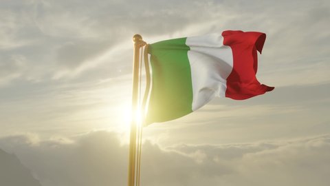 Flag of Italy Waving in the wind, Sky and Sun Background, Slow Motion, Realistic Animation, 4K UHD 60 FPS Slow-Motion