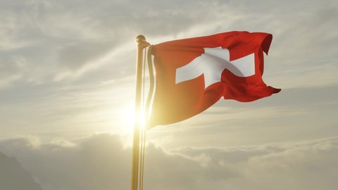 Flag of Switzerland Waving in the wind, Sky and Sun Background, Slow Motion, Realistic Animation, 4K UHD 60 FPS Slow-Motion