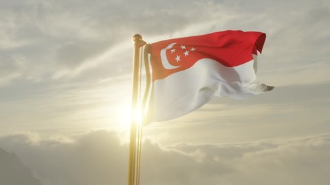 Flag of Singapore Waving in the wind, Sky and Sun Background, Slow Motion, Realistic Animation, 4K UHD 60 FPS Slow-Motion