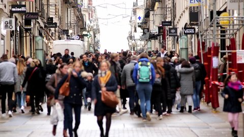 Thursday, March 12, 2020:. Nantes France. Overpopulation Crowd of people walking on City street, downtown