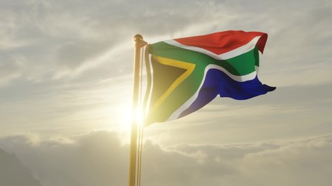 Flag of South Africa Waving in the wind, Sky and Sun Background, Slow Motion, Realistic Animation, 4K UHD 60 FPS Slow-Motion