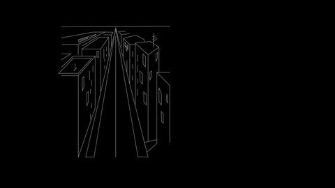 Self drawing animation of city street perspective. Copy space. Black background. 
