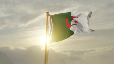 Flag of Algeria Waving in the wind, Sky and Sun Background, Slow Motion, Realistic Animation, 4K UHD 60 FPS Slow-Motion
