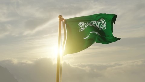 Flag of Saudi Arabia Waving in the wind, Sky and Sun Background, Slow Motion, Realistic Animation, 4K UHD 60 FPS Slow-Motion