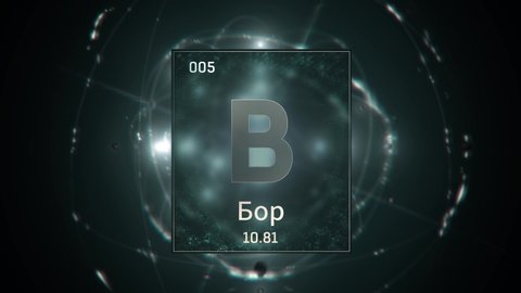 Boron as Element 5 of the Periodic Table. Seamlessly looping 3D animation on green illuminated atom design background orbiting electrons name, atomic weight element number in russian language