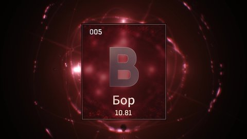Boron as Element 5 of the Periodic Table. Seamlessly looping 3D animation on red illuminated atom design background orbiting electrons name, atomic weight element number in russian language