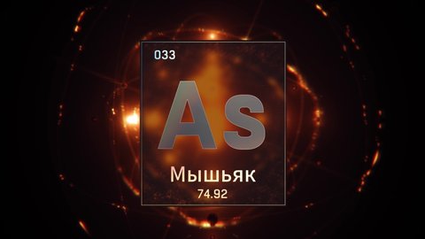 Arsenic as Element 33 of the Periodic Table. Seamlessly looping 3D animation on orange illuminated atom design background orbiting electrons name, atomic weight element number in russian language