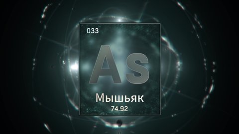 Arsenic as Element 33 of the Periodic Table. Seamlessly looping 3D animation on green illuminated atom design background orbiting electrons name, atomic weight element number in russian language