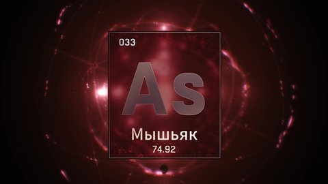 Arsenic as Element 33 of the Periodic Table. Seamlessly looping 3D animation on red illuminated atom design background orbiting electrons name, atomic weight element number in russian language