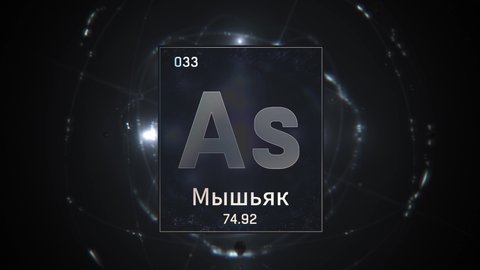 Arsenic as Element 33 of the Periodic Table. Seamlessly looping 3D animation on silver illuminated atom design background orbiting electrons name, atomic weight element number in russian language