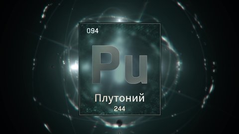 Plutonium as Element 94 of the Periodic Table. Seamlessly looping 3D animation on green illuminated atom design background orbiting electrons name, atomic weight element number in russian language