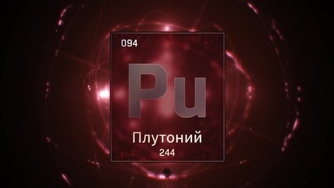 Plutonium as Element 94 of the Periodic Table. Seamlessly looping 3D animation on red illuminated atom design background orbiting electrons name, atomic weight element number in russian language