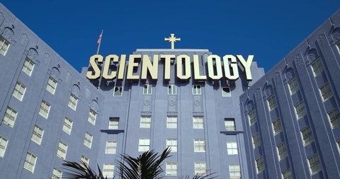 LOS ANGELES, CALIFORNIA - NOVEMBER 24, 2018: Church of Scientology building on Sunset Boulevard in Hollywood, Los Angeles California, 4K