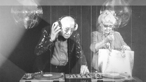 Scratched film of a funky DJ grandma and grandpa dancing and playing records in nightclub