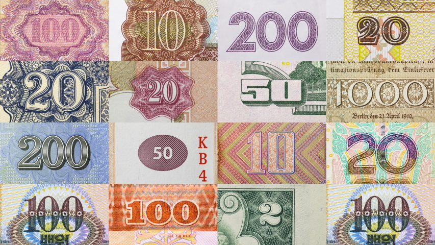 Good set of world Currency. Stop motion animation. Different all world money bill macro view. World currency paper cash money. Perfect cash collection. Digits face value close up.  Royalty-Free Stock Footage #1048214149
