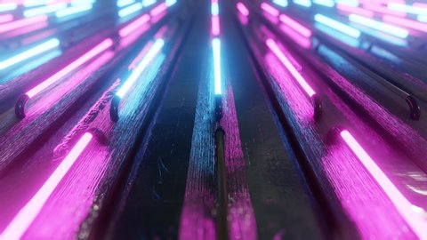 A wall of many neon lights. Multi-colored neon light switching. Camera movement along the wall with blur. 3D 4K loop animation
