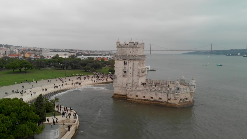 Belem Tower, Lisbon. Aerial view of landmark on a cloudy day.
