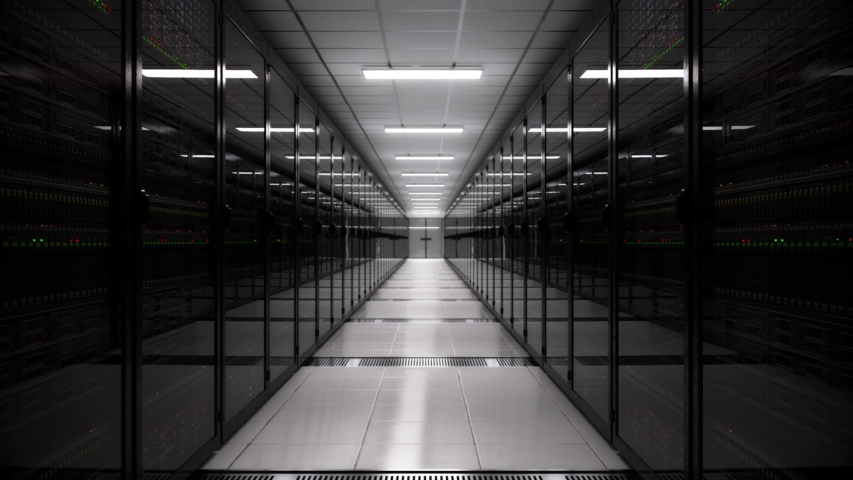 Digital information flows through network and data servers behind mesh panels in a server room of a data center or ISP. Network and data servers behind glass panels in a server room of a data center  Royalty-Free Stock Footage #1048232671