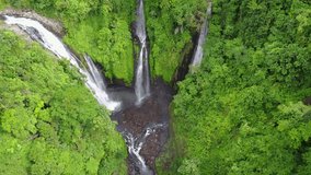 Aerial photography of three waterfalls in a dense green rainforest