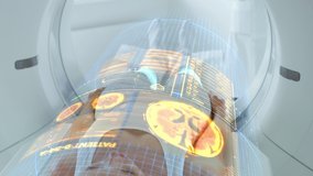 Female Patient Lying on CT or PET or MRI Scan Bed, Moving Inside the Machine While it Scans Her Brain and Vital Parameters. Augmented Reality Concept with VFX In Medical Lab with High-Tech Equipment. - Powered by Shutterstock - Get 15% off with code: PIKWIZARD15