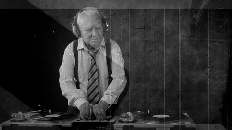 Scratched film of a funky DJ grandpa and dancing, playing records in nightclub.