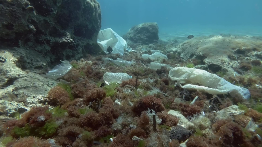 Plastic pollution of the ocean bottom, Tropical fishes swims over the bottom covered with a lot of plastic garbage. Bottles, bags and other plastic debris on seabed in Mediterranean Sea, Slow motion.  | Shutterstock HD Video #1048249405