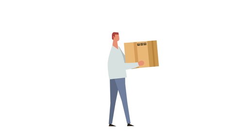 Flat Cartoon Stick Figure Color Man Character Walking with Cardboard Box Animation Luma Matte