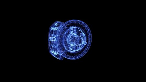 Hologram of a rotating brake disc and caliper. 3D animation of car brake element on a black background with a seamless loop