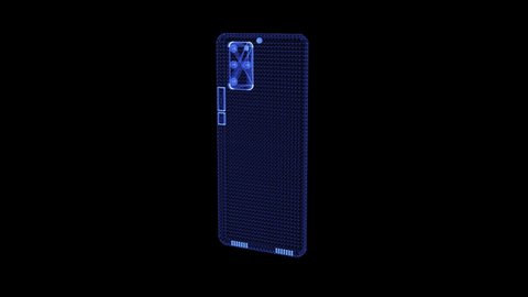 Hologram of a rotating four camera smartphone. 3D animation of modern mobile phone device with seamless loop