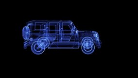 Hologram of a rotating modern Bulletproof Suv. 3D animation of shot-proof Sport Utility Vehicle on a black background with a seamless loop - Powered by Shutterstock - Get 15% off with code: PIKWIZARD15
