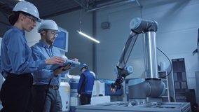 Factory Workshop: Professional Female Engineer and Male Machinery Operator Use Industrial Digital Tablet Computer to Work and Program Robot Arm for Production Line. Tech Facility with CNC Machines - Powered by Shutterstock - Get 15% off with code: PIKWIZARD15